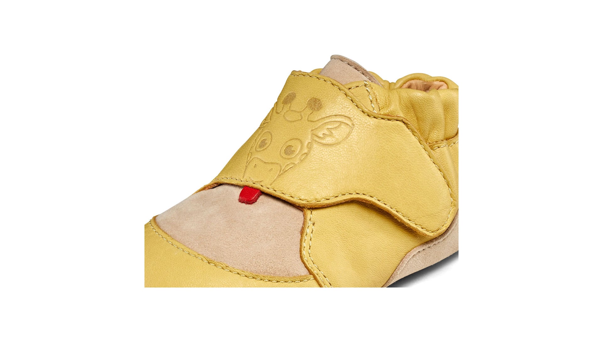 Dětské barefoot capáčky Affenzahn Crawling Shoe Leather Crawly Giraffe
 žluté detail nártu