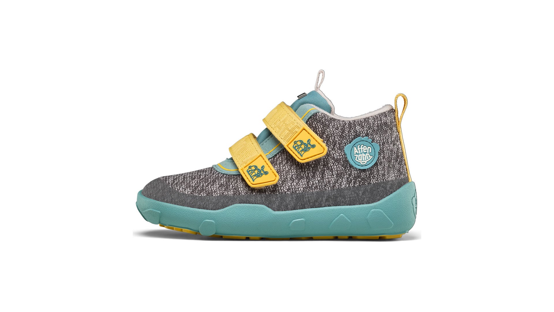 Affenzahn Low Boot Knit Happy - Rhino šedo-zelené zapínáním na suchý zip ve žluté barvě pohled zleva