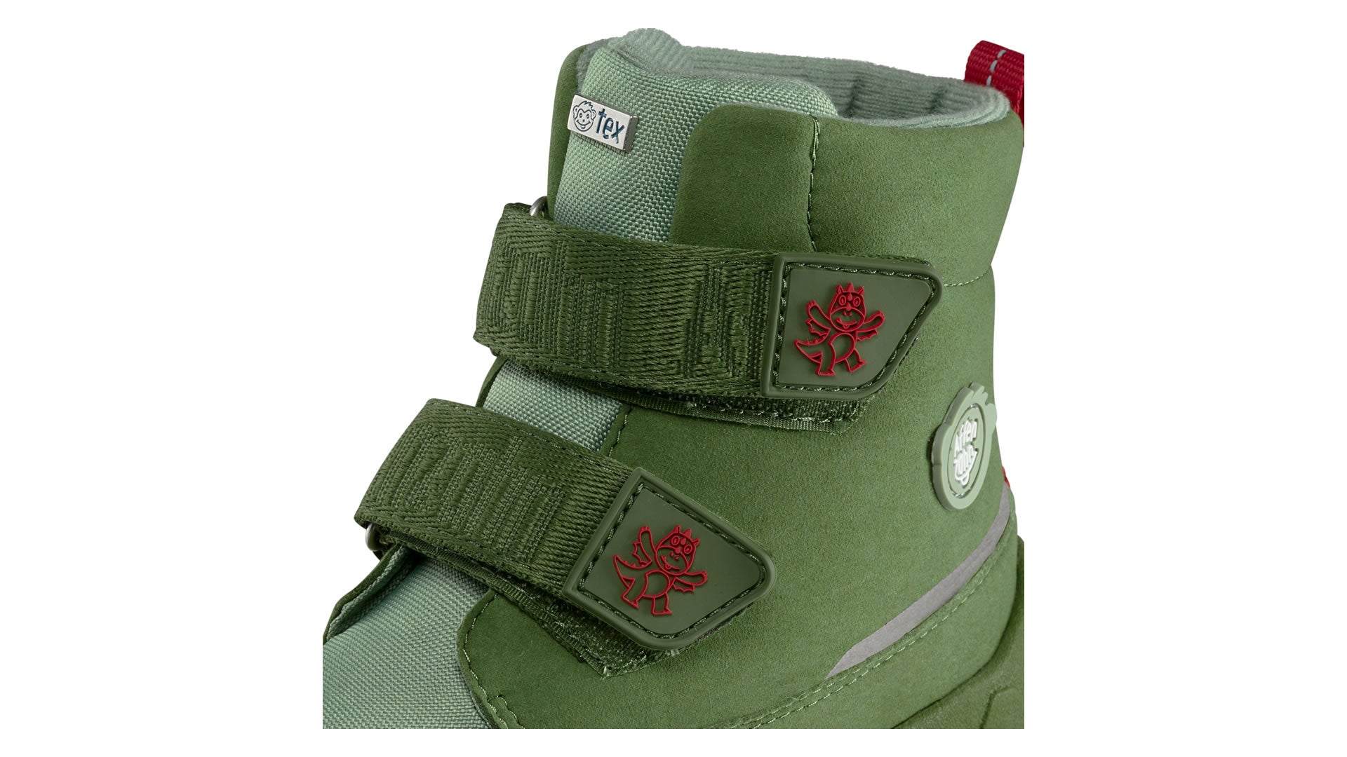 Dětské barefoot boty Affenzahn Mid Boot Vegan Comfy - Dragon zelené detail zapínání na suchý zip