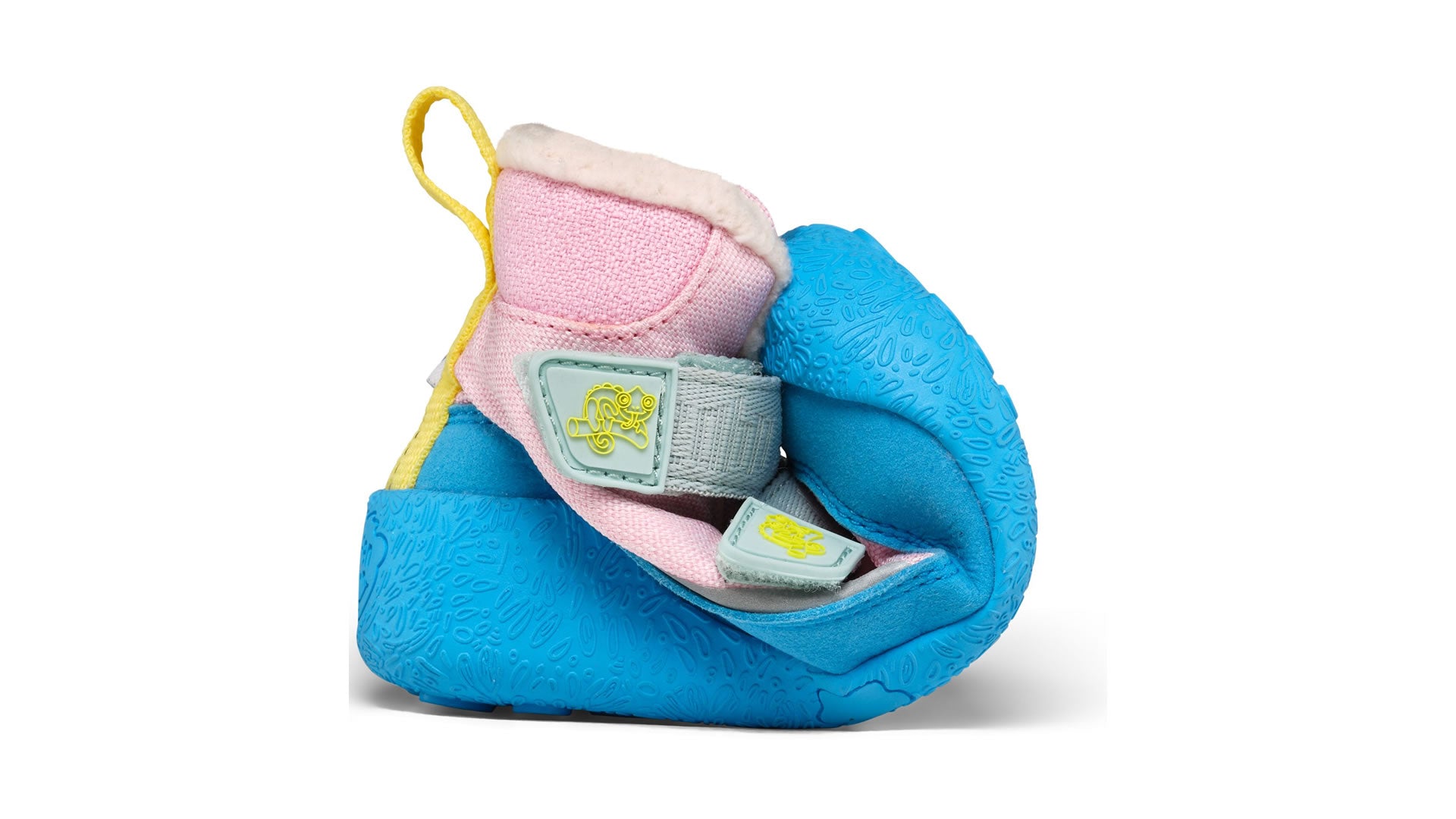 Dětské barefoot boty Affenzahn Prewalker Midboot Vegan Snuggy -  Chameleon růžové s modrou podrážkou ukázka ohebnosti boty
