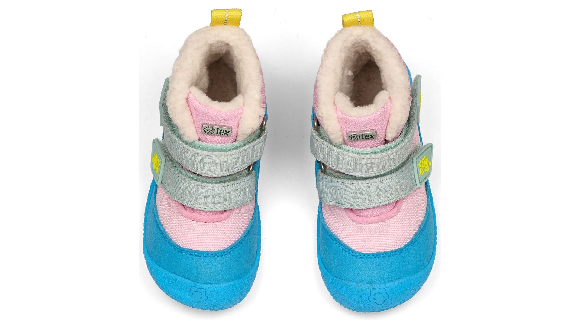 Dětské barefoot boty Affenzahn Prewalker Midboot Vegan Snuggy -  Chameleon růžové s modrou podrážkou pohled shora