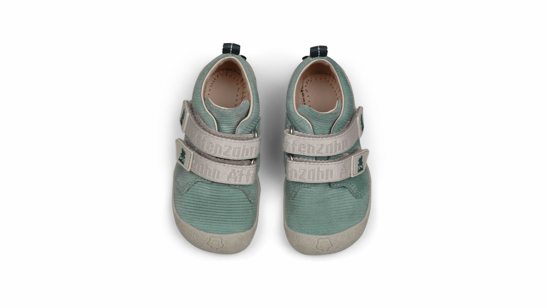 Affenzahn Prewalker Leather Walky - Bunny dětské barefoot boty s širokou špičkou v tymiánově zelené a béžové barvě.