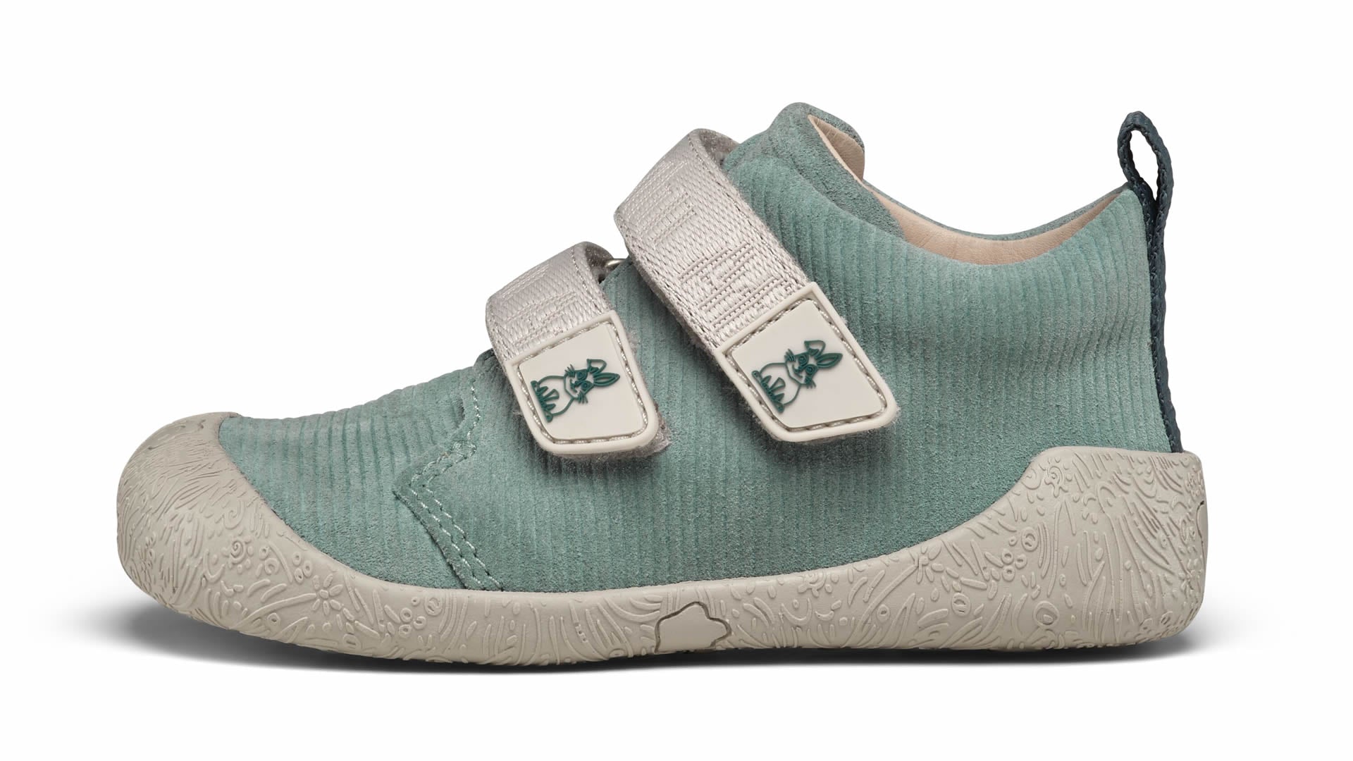 Affenzahn Prewalker Leather Walky - Bunny dětská barefoot obuv s tymiánově zelenou a béžovou barvou z kůže a semiše.