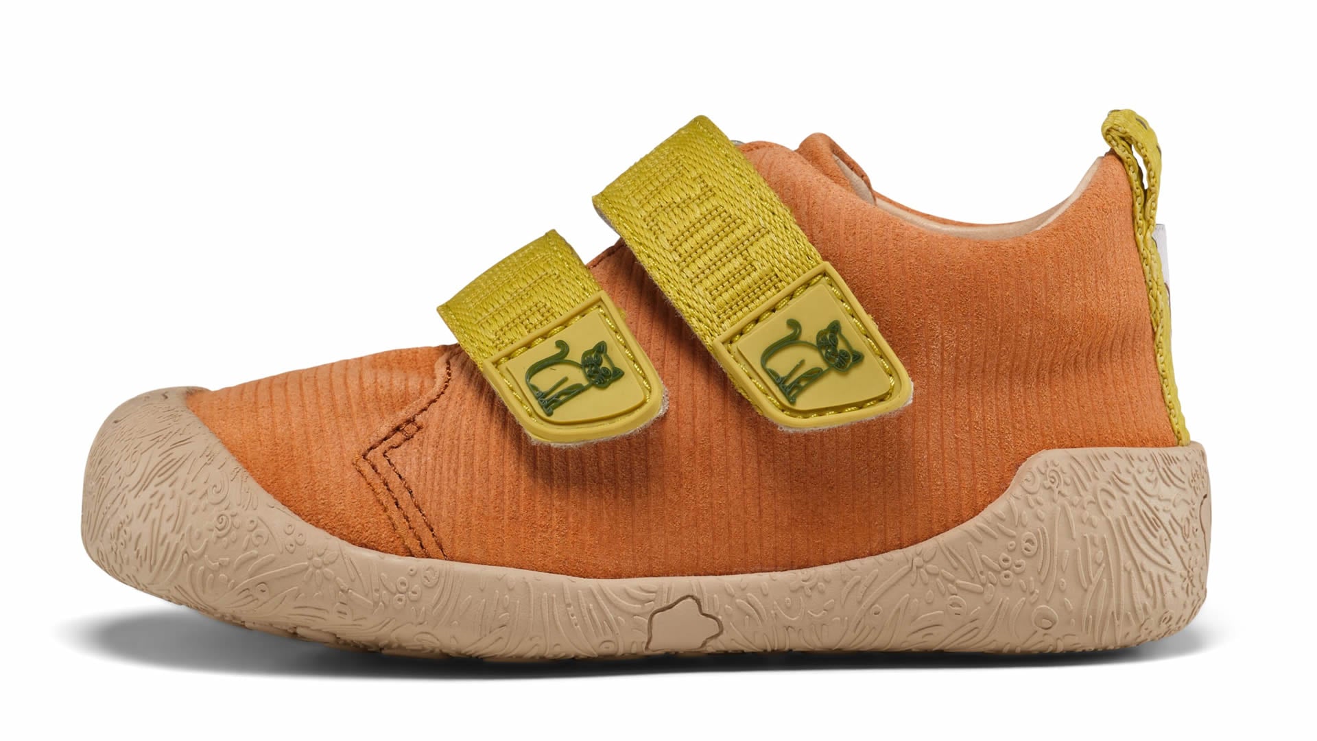 Affenzahn Prewalker Leather Walky - Cat dětské barefoot boty žluté, béžové a hnědé z kůže a semiše.