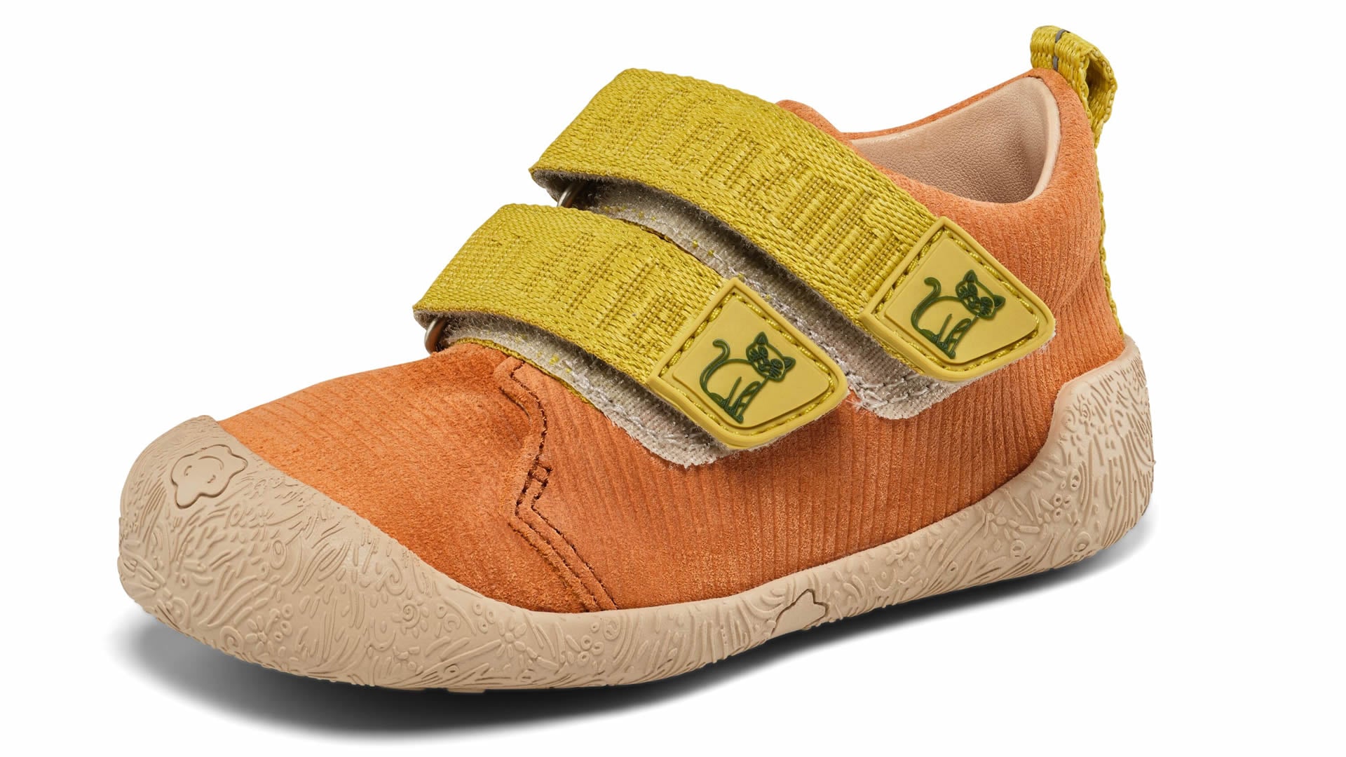 Affenzahn Prewalker Leather Walky - Cat žluté a béžové barefoot boty s flexibilní podrážkou a širokou špičkou pro děti