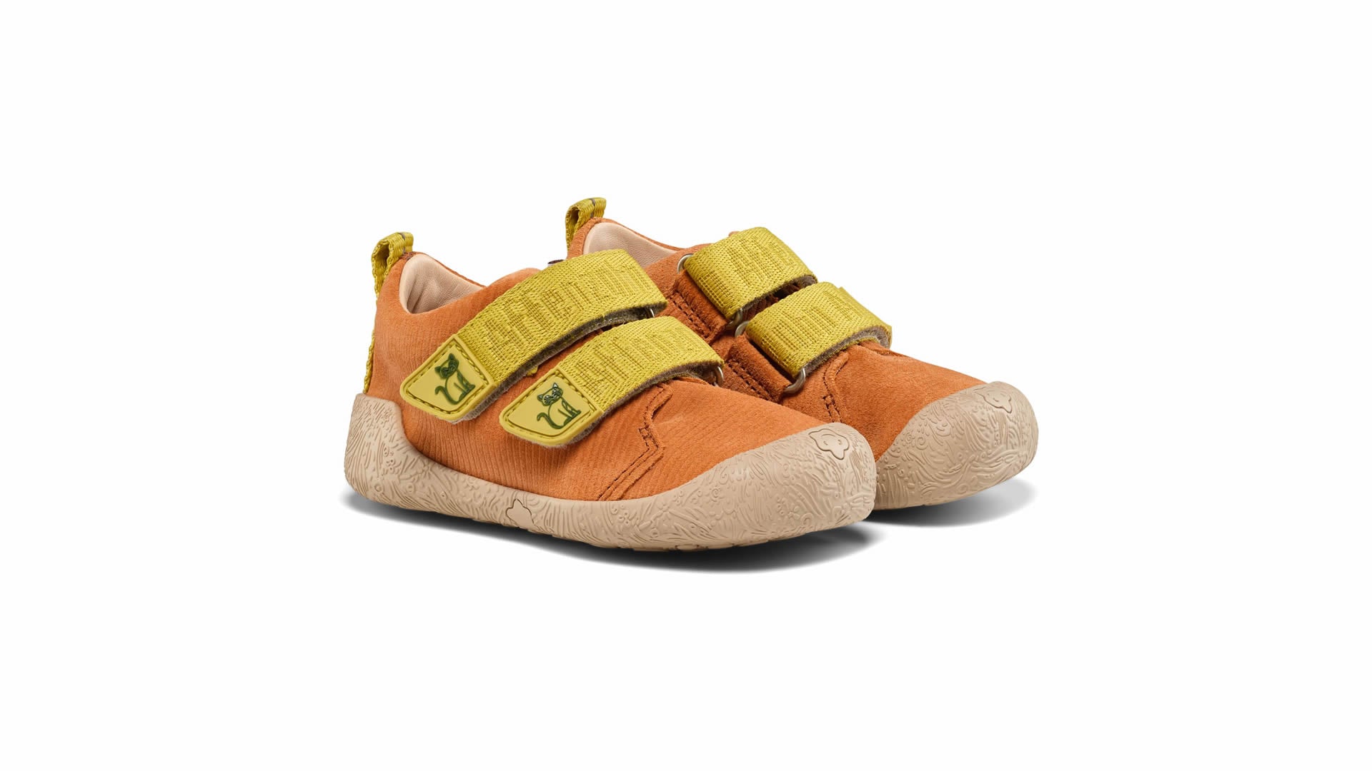 Affenzahn Prewalker Leather Walky - Cat barefoot boty s semišovou a koženou kombinací v žluté, béžové a hnědé barvě.