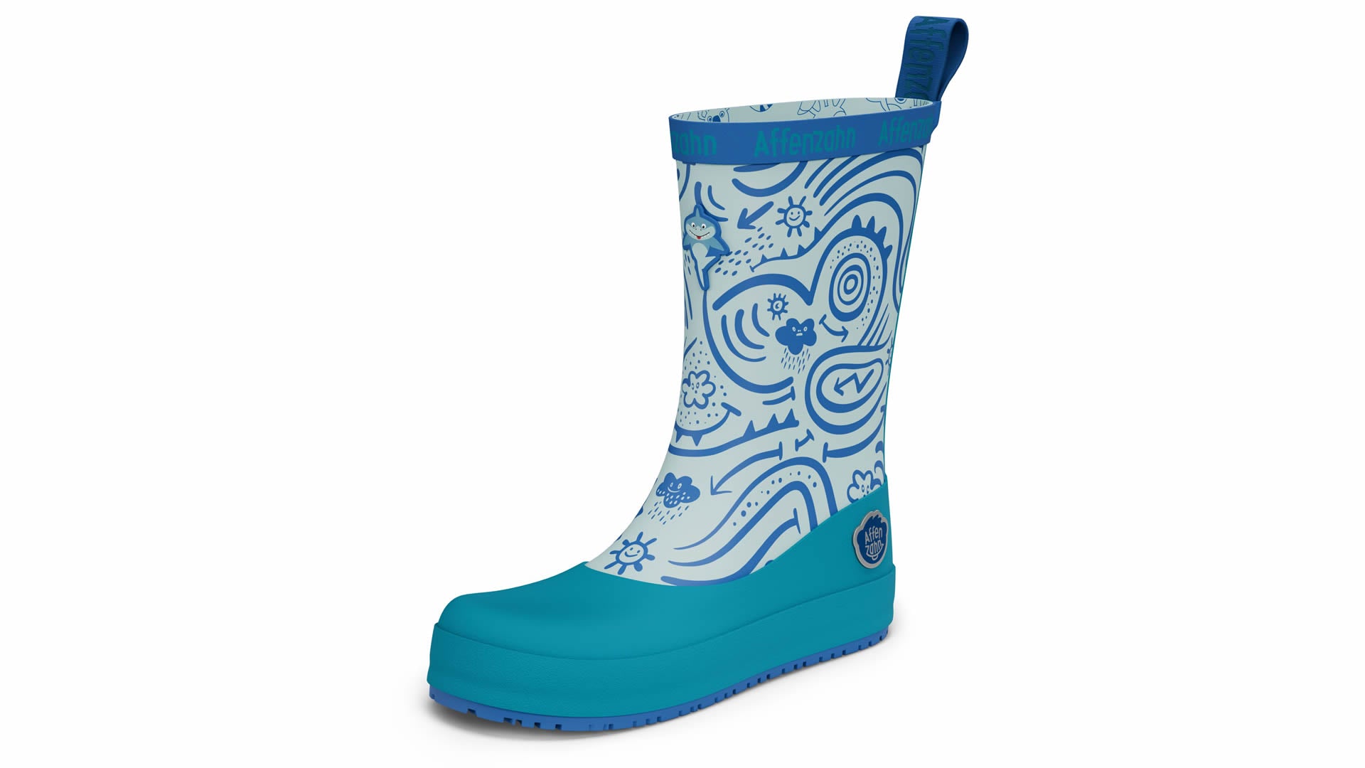 Affenzahn Rainboot Vegan Plashy - Shark modré barefoot boty s flexibilní podrážkou pro zdravý vývoj chodidla.