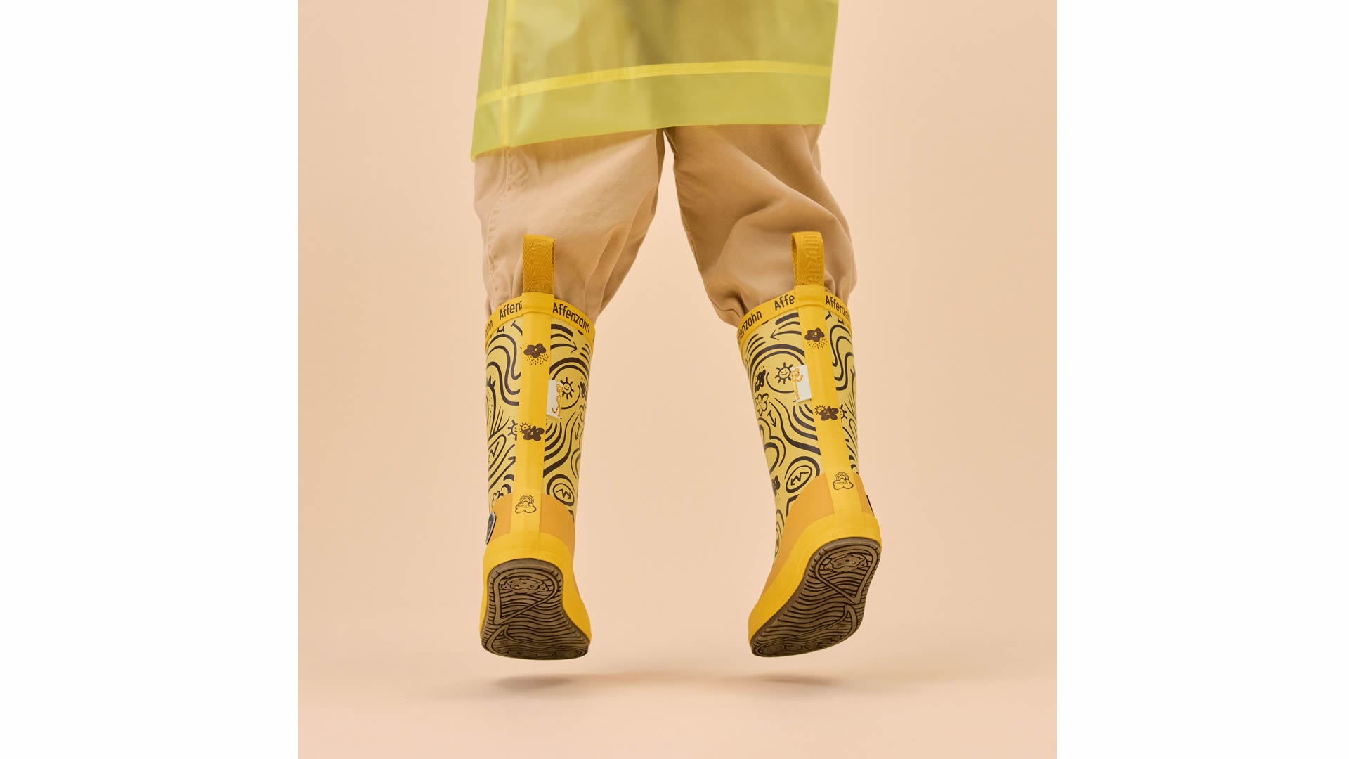 Affenzahn Rainboot Vegan Plashy - Tiger dětské barefoot boty žluté s flexibilní podrážkou a širokou špičkou