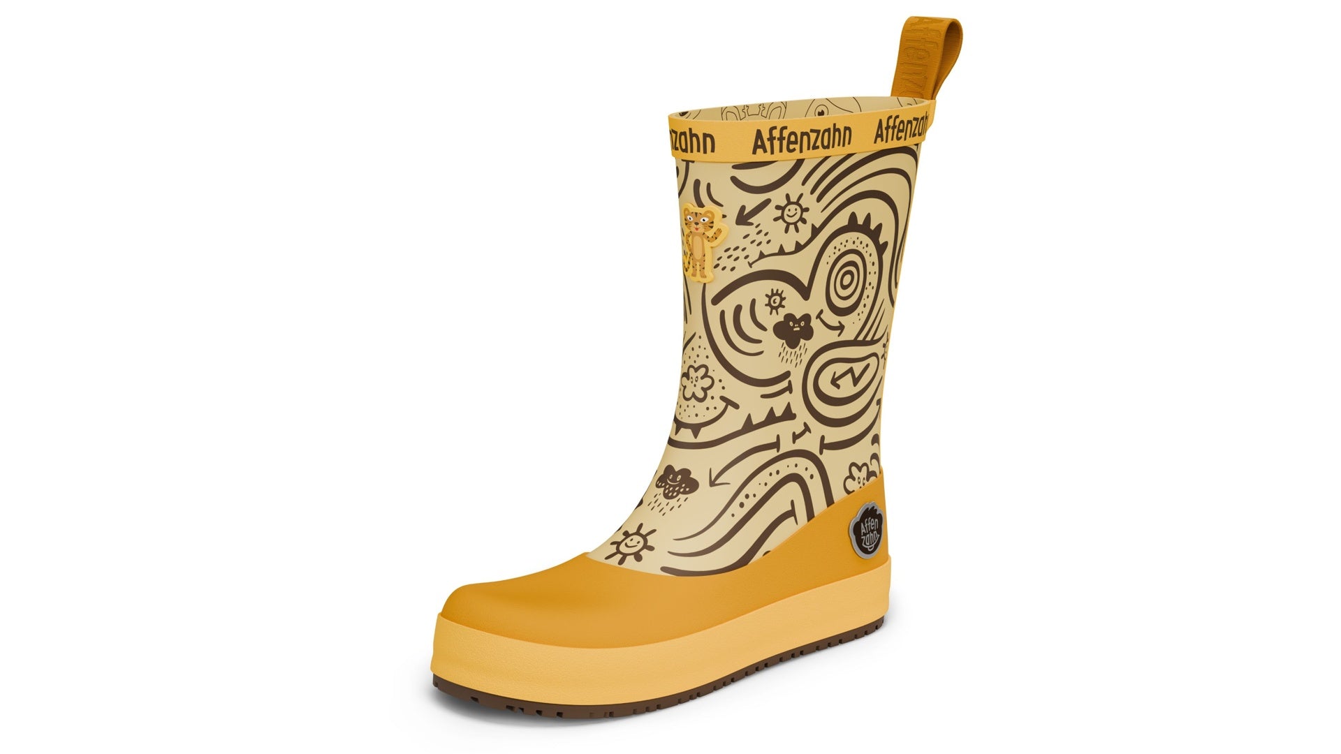 Affenzahn Rainboot Vegan Plashy - Tiger barefoot boty žluté s flexibilní podrážkou a širokou špičkou pro děti