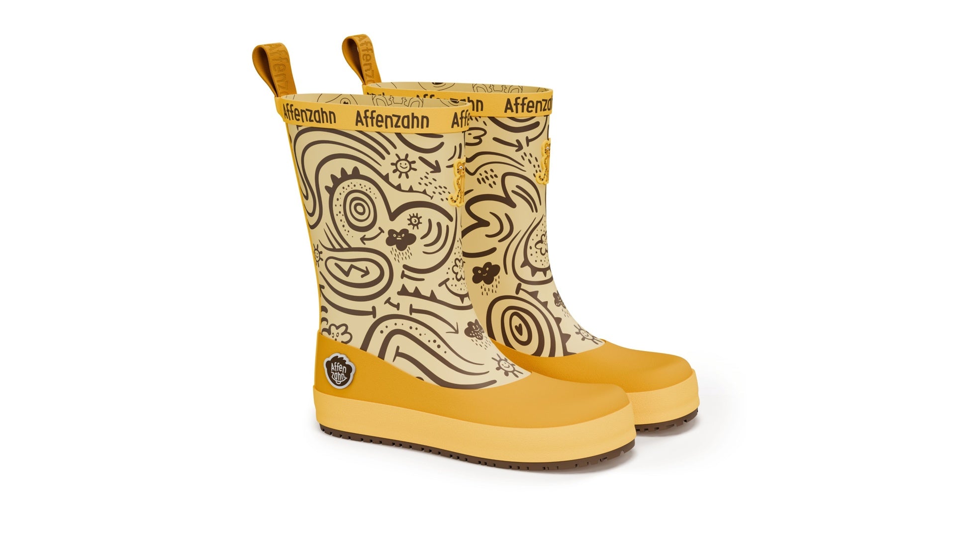 Affenzahn Rainboot Vegan Plashy - Tiger, žluté barefoot boty s širokou špičkou a flexibilní podrážkou z kaučuku a gumy.