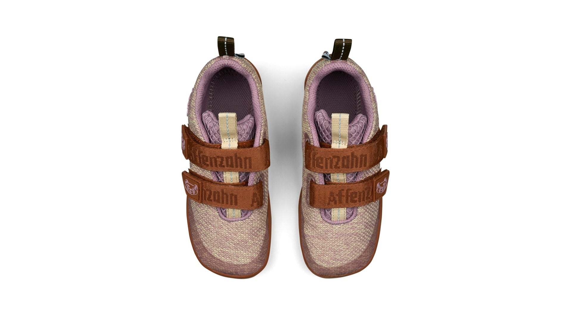 Affenzahn Sneaker Knit Happy - Cat dětské barefoot tenisky růžové s hnědými pásky z polyesteru a gumy