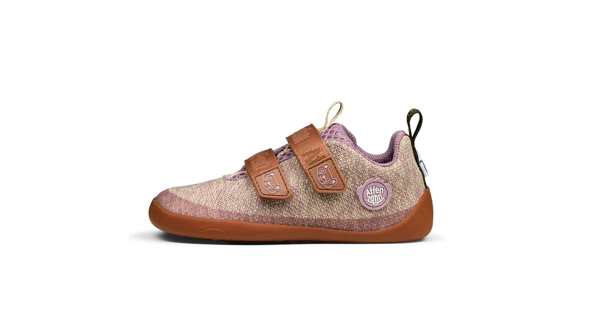 Affenzahn Sneaker Knit Happy - Cat dětská barefoot obuv růžová s hnědými polyesterovými a gumovými detaily