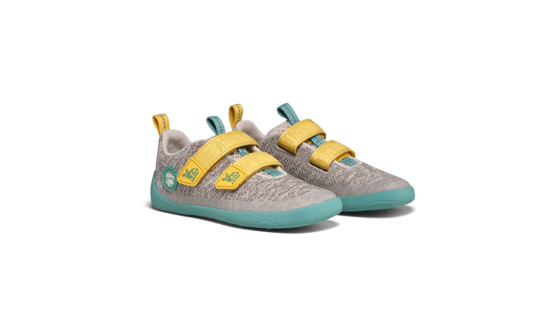 Affenzahn Sneaker Knit Happy - Rhino dětské barefoot boty světle šedé s žlutými pásky a tyrkysovou podrážkou