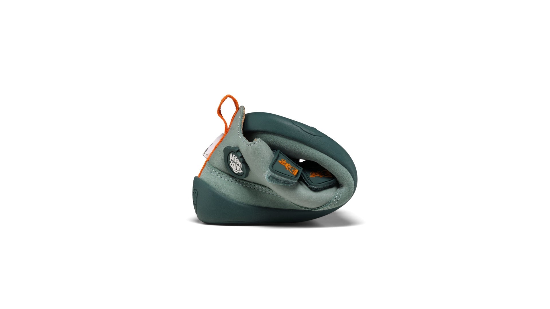 Affenzahn Sneaker Leather Buddy - Bunny dětská barefoot bota tmavě zelená s oranžovými detaily, flexibilní podrážka.