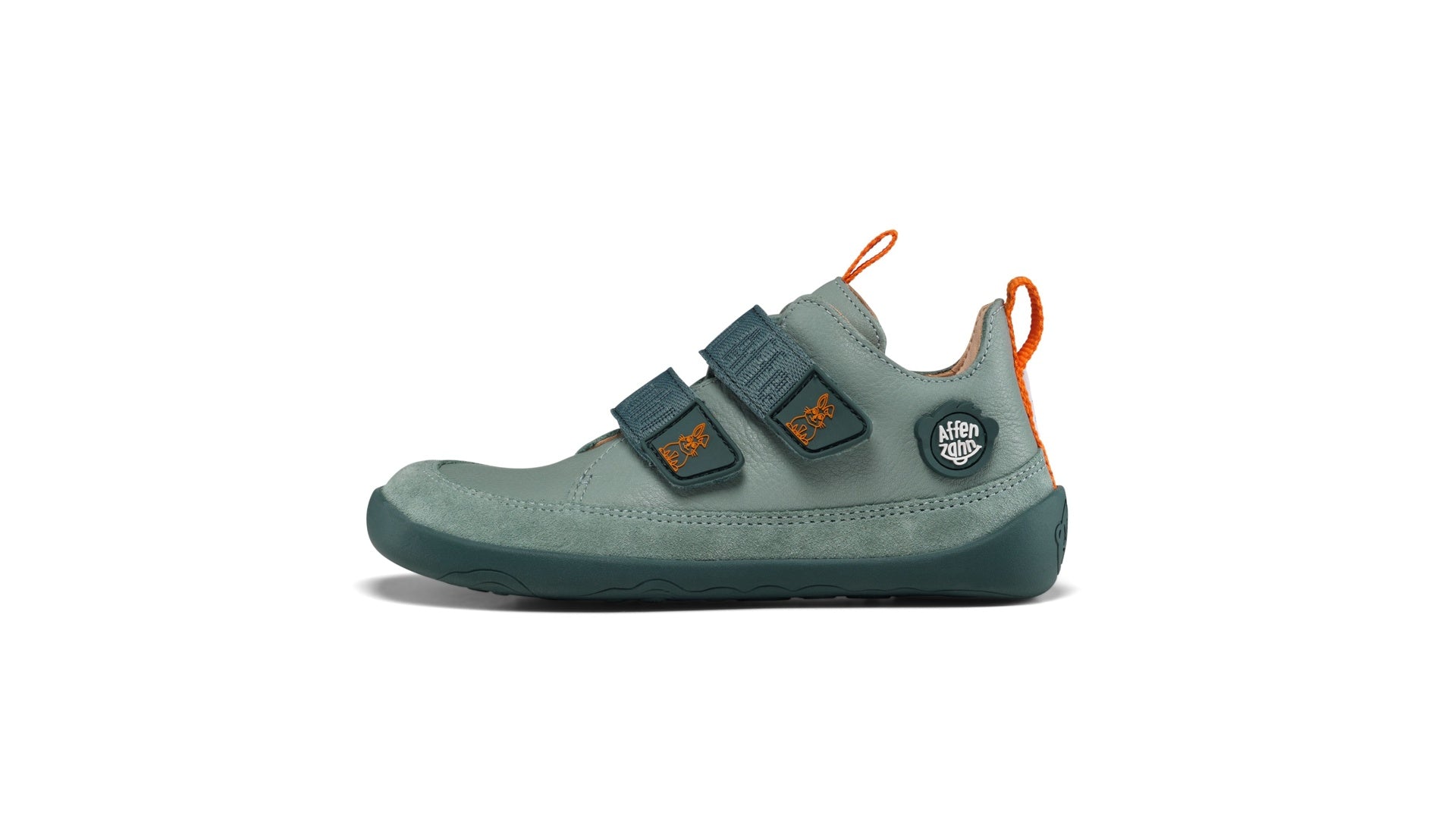 Affenzahn Sneaker Leather Buddy - Bunny dětská barefoot bota tmavě zelená s oranžovými prvky z kůže a semiše