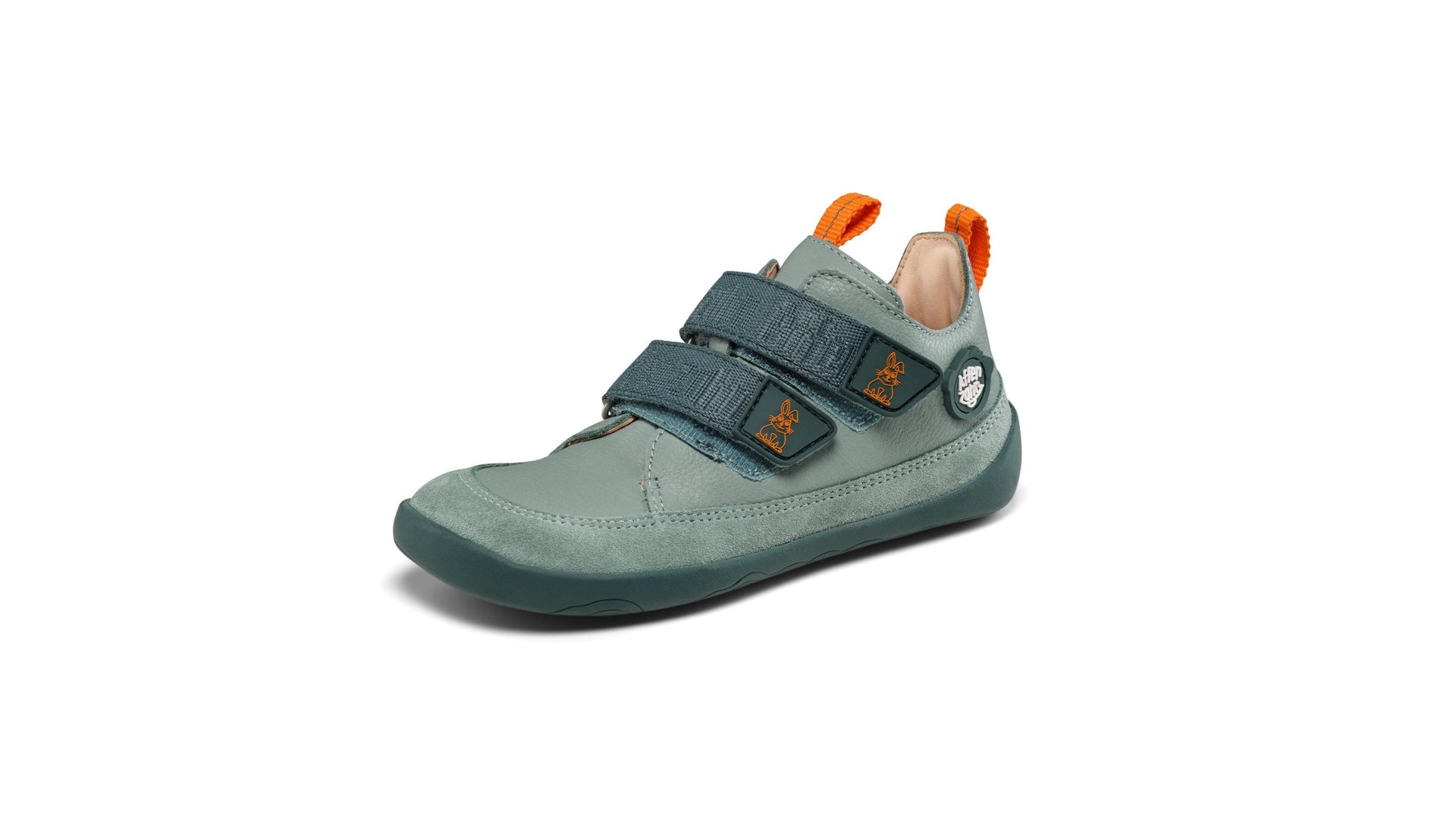Affenzahn Sneaker Leather Buddy - Bunny dětská barefoot obuv tmavě zelená s oranžovými doplňky z kůže a semiše