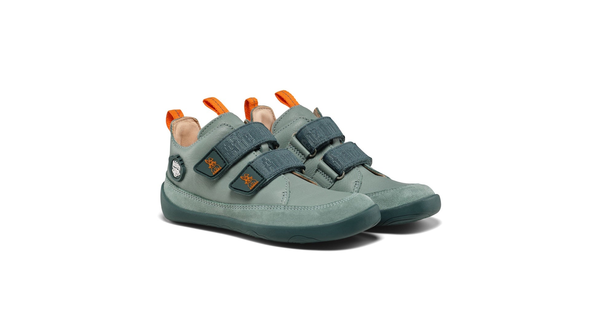 Affenzahn Sneaker Leather Buddy - Bunny dětské barefoot boty tmavě zelené s oranžovými detaily z kůže a semiše