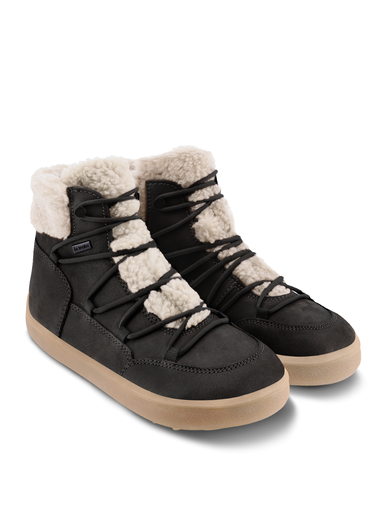 Zimní kotníkové barefoot boty Be Lenka Bliss - Black černé se světlým kožíškem  a béžovou podrážkou ze strany