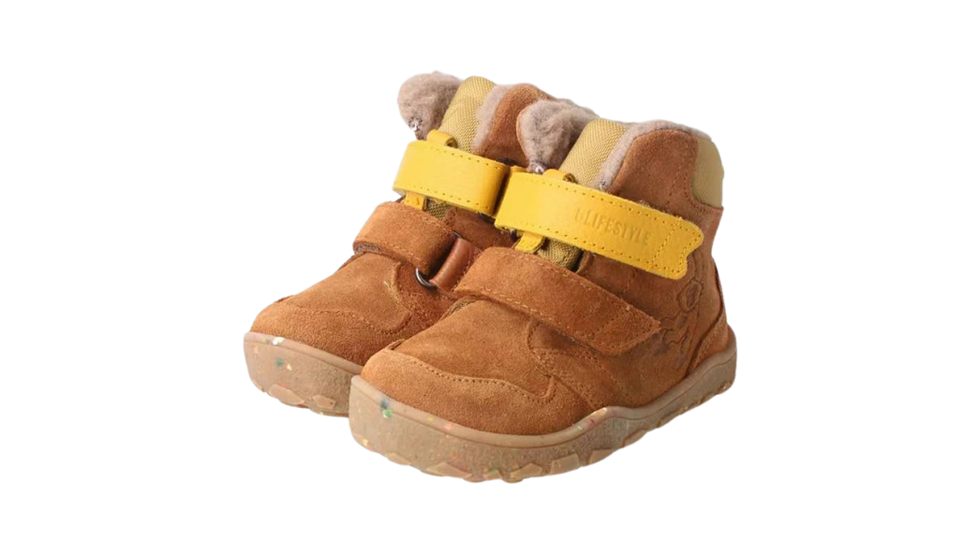 bLIFESTYLE gibbonSTYLE TEX -light brown. Kožené dětské zimní barefoot boty s membránou na suchý zip ve světle hnědé barvě. Pohled zprava zpředu.