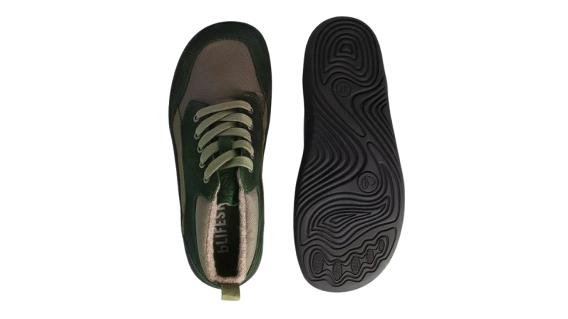 bLIFESTYLE revivedSTYLE waldgrün - kožené barefoot boty v lesní zelené barvě. Pohled na nárt a podrážku.